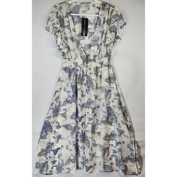 Paper Crane Dresses & Skirts - Paper Crane Dress Womens Small Blue White Open Front Midi Ruffled Cap Sleeve